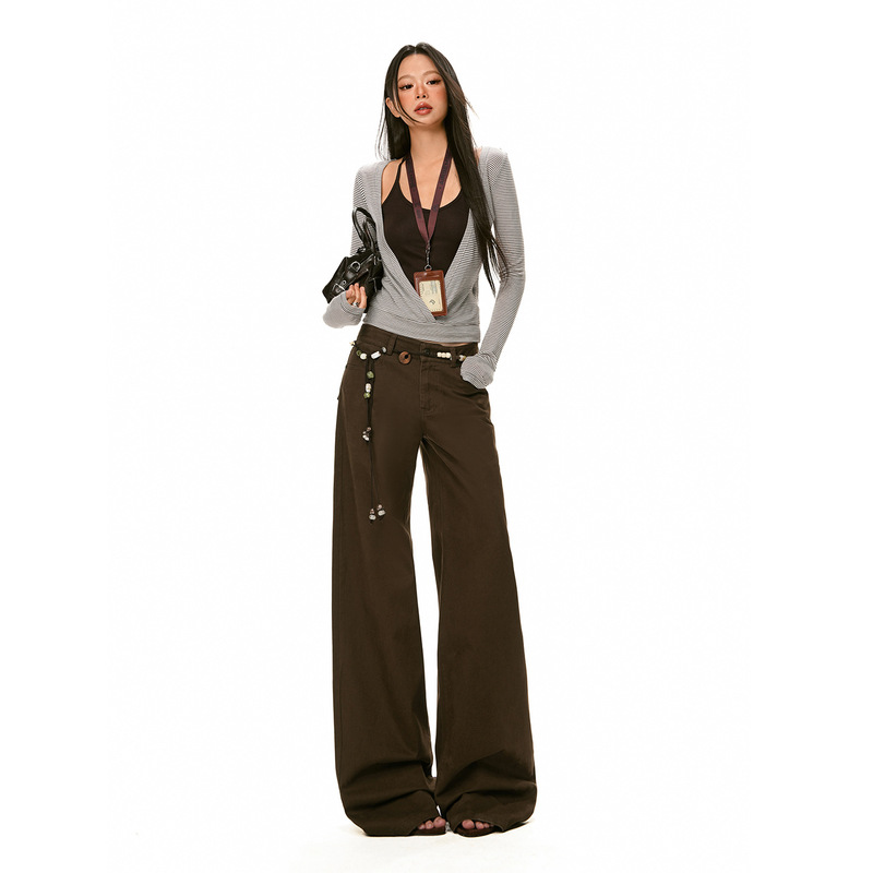 【Jin Yin】American-Style Brown Design Low-Waist Jeans for Women, New Spring Collection, Loose Straight-Leg Floor-Length Wide-Leg Pants