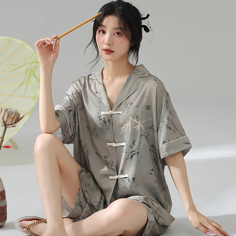 Short-sleeved Ice Silk Pajamas Women's Summer Bamboo Antique Casual Stretch Silk Refreshing Home Chinese Style suit Outer Wear