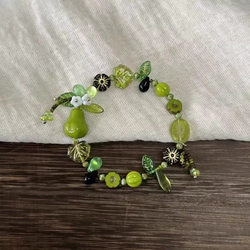 新款绿色串珠自然植物系设计手链手串小众高级感森系项链戒指女潮|undefined