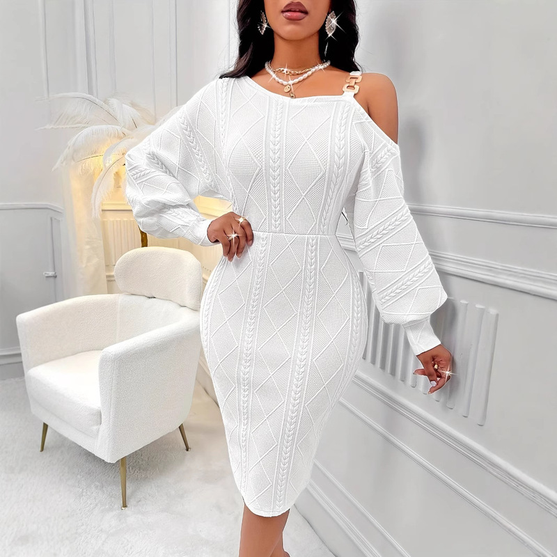 Winter hot cross-border Europe and the United States single shoulder lantern sleeve solid color waist hip dress independent station sexy women's clothing