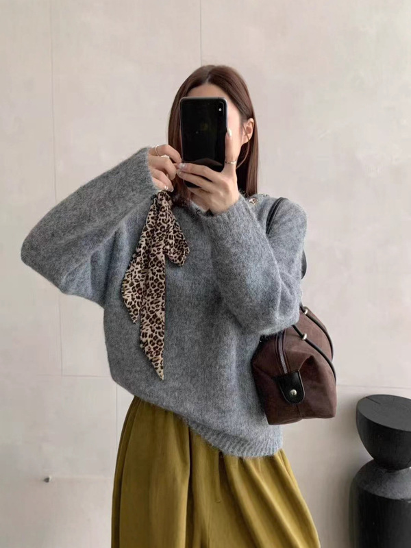 YS毛衣女韩版豹纹丝带设计感秋冬软糯系带露肩慵懒风针织衫上衣|undefined