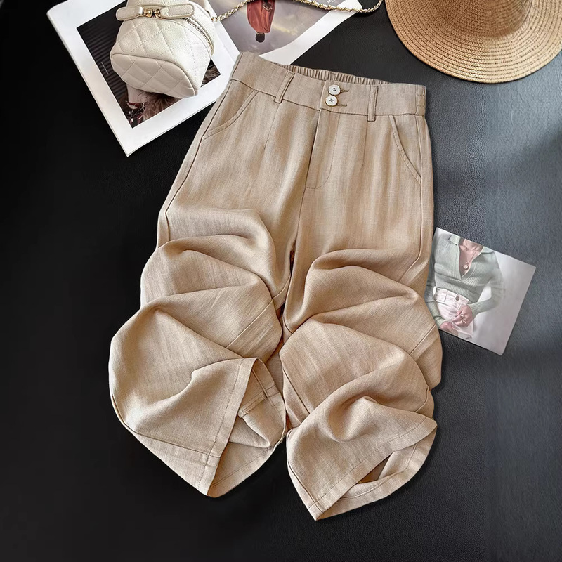 Khaki Tencel Cotton-Linen Wide-Leg Pants for Women, Summer 2026 New High-End Drapey Ice Silk Linen Cropped Straight Pants Khaki Tencel Cotton-Linen Wide-Leg Pants for Women, Summer 2026 New High-End Drapey Ice Silk Linen Cropped Straight Pants