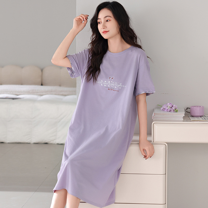 Color sólido de alta calidad de mediana edad vestido de dormir de mujer de verano de mangas cortas falda larga de verano de algodón madre ropa para el hogar