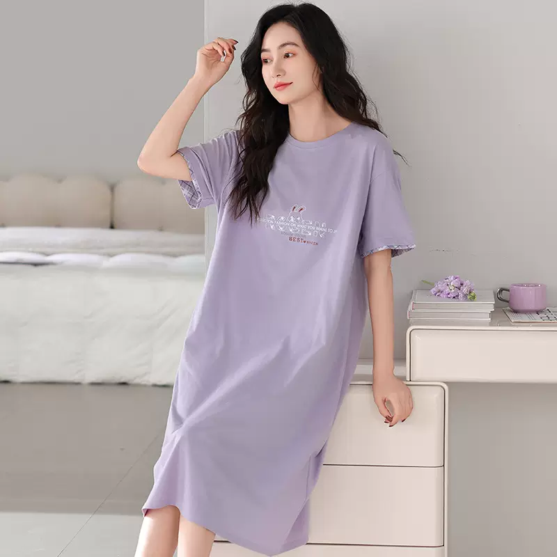 高档纯色中老年人睡裙女款夏季短袖中长款裙子夏天纯棉妈妈家居服