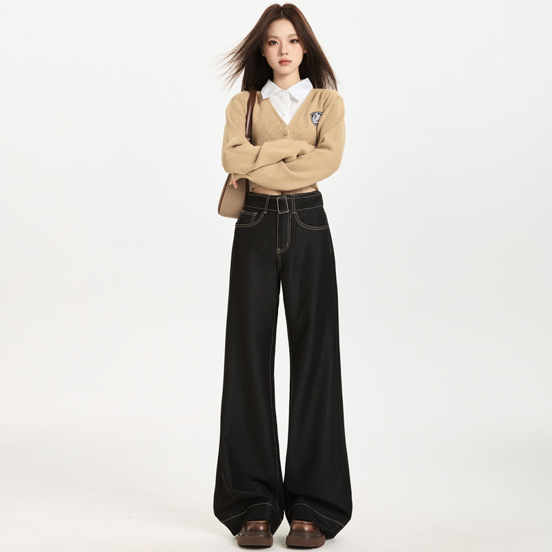 vfvk深蓝色微喇牛仔裤女2025新款小个子不贴腿宽松弹力喇叭裤裤子|undefined