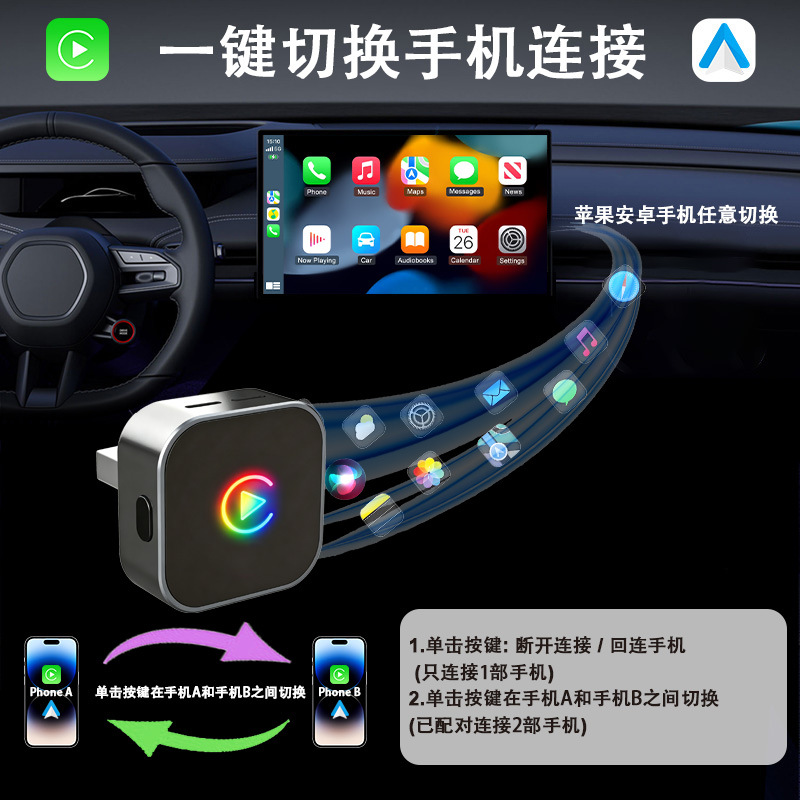 New Switch Key Breathing Light Wireless Carplay Box Car Adapter Supports Apple and Android Phones