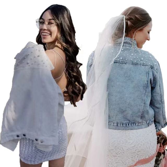Damen-Jeansjacke mit Perlenverzierungen, kurze Länge, Übergröße, stilvoll und bequem für die Freizeit – Schwarz, Weiß, Himmelblau_voghion.com
