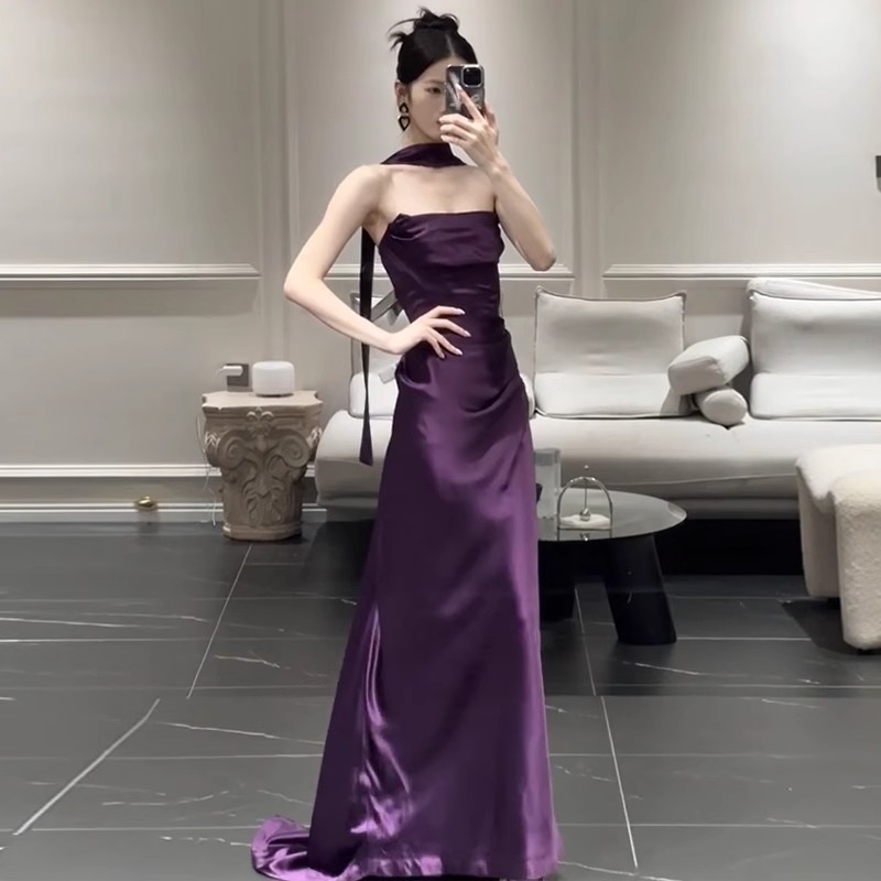 Strapless Toasting Dress Bridal Morning Gown Purple High-End Light Luxury Niche Engagement Banquet Mermaid Host Evening Dress
