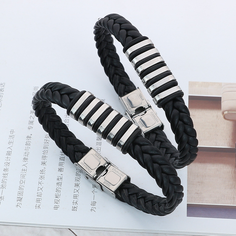 Factory Direct Supply Men's Braided Leather Braided Bracelet Adjustable Stainless Steel Teeth Buckle Metal Collar Leather Bracelet
