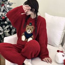 外贸跨境网红直播韩版秋冬加厚法兰绒睡衣女套装可爱珊瑚绒家居服