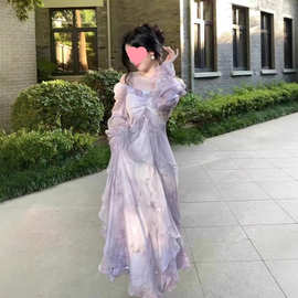 温柔风超仙紫色晕染设计感荷叶边连衣裙女气质度假海边沙滩裙子