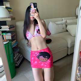 原创设计黑皮爆炸头HelloKitty比基尼小胸聚拢千禧辣妹分体泳衣