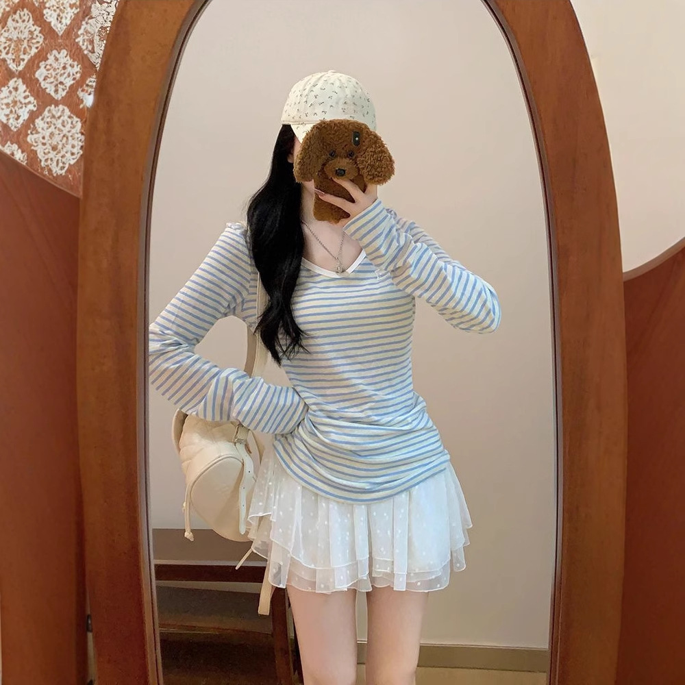 Blue Striped Sunscreen Long-sleeved T-shirt Women's Spring And Autumn Loose Lazy Blouse Top_ecoleips.com
