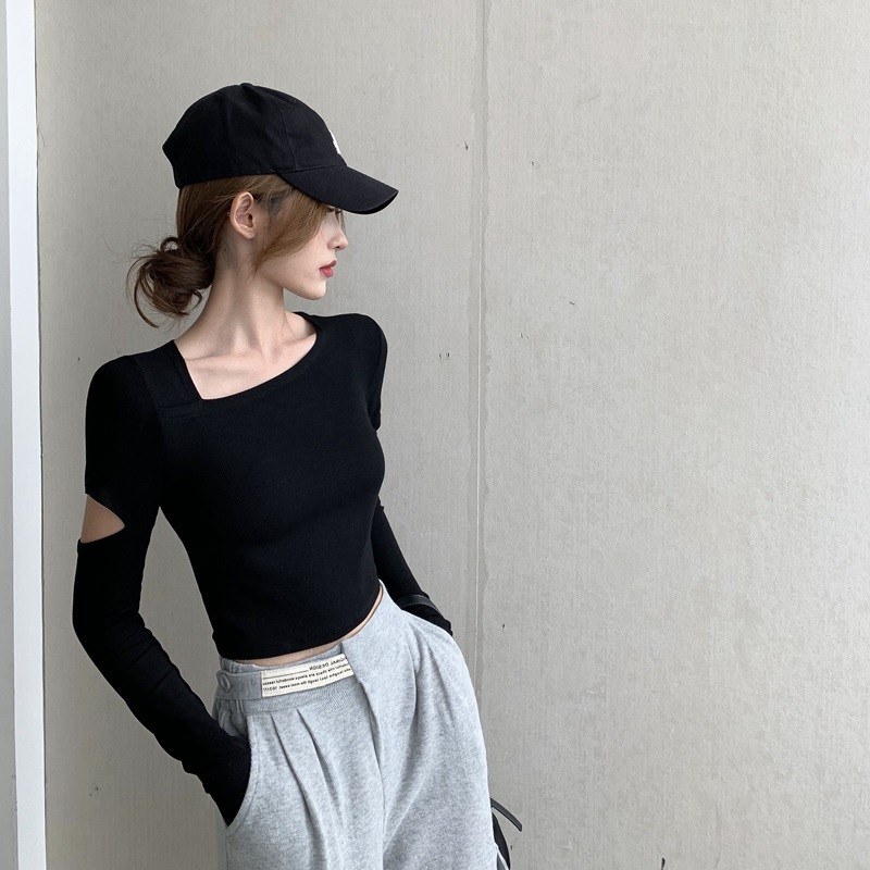 Solid color slim fit thin long sleeved T-shirt for women with holes and round neck as the base, autumn tight fitting_voghion.com