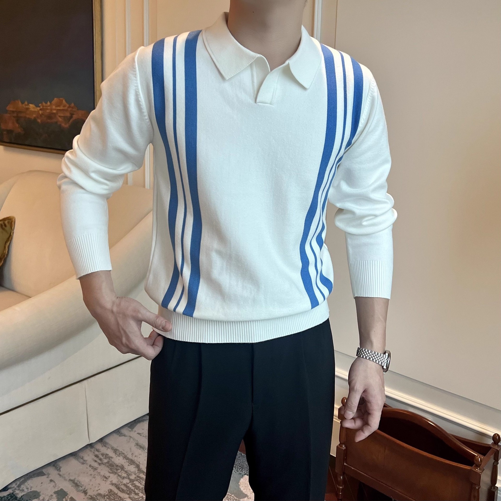 Primavera y otoño nuevo suéter hombre retrógrado a rayas británicas contraste delgado camisa de punto de negocios casual polo