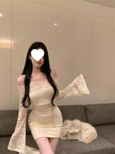 一字肩喇叭袖蕾丝镂空连衣裙女冬季新款修身收腰气质裙子包臀短裙