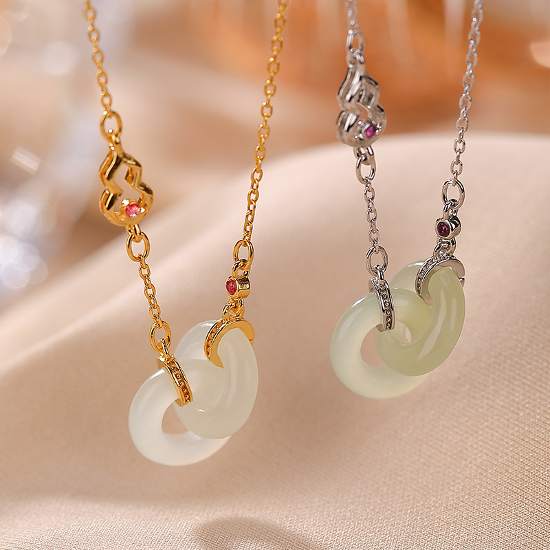 Mặt dây chuyền hồ lô bạc S925 mạ vàng đính ngọc bích xanh — Ngọc trắng mạ vàng (bao gồm chuỗi)