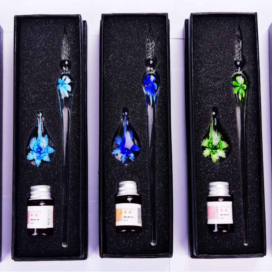 Pluma de Cristal de Inmersión de Vidrio con Flor para Regalo Estudiantil