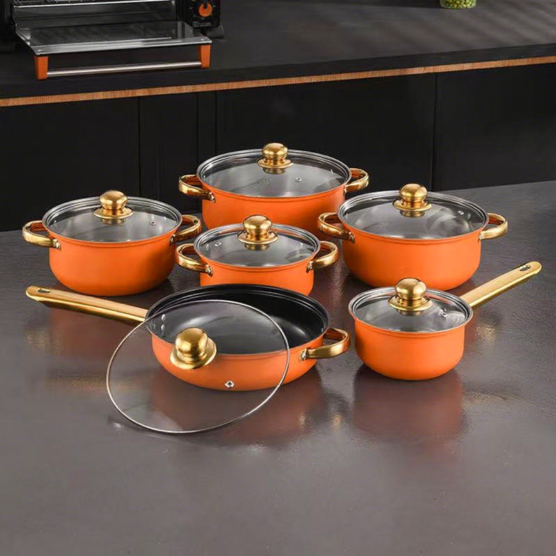 12 piezas de acero inoxidable paneles de comercio exterior transfronterizo colorido antiadherente mango de oro exportación cocina set pot