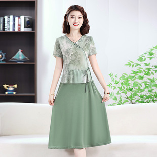 Mom's Clothes, Women's Summer Clothes, 2025 New Chinese Style National Style Dresses, Middle-Aged and Elderly Women's Fake Two-Piece Western Style Skirts
