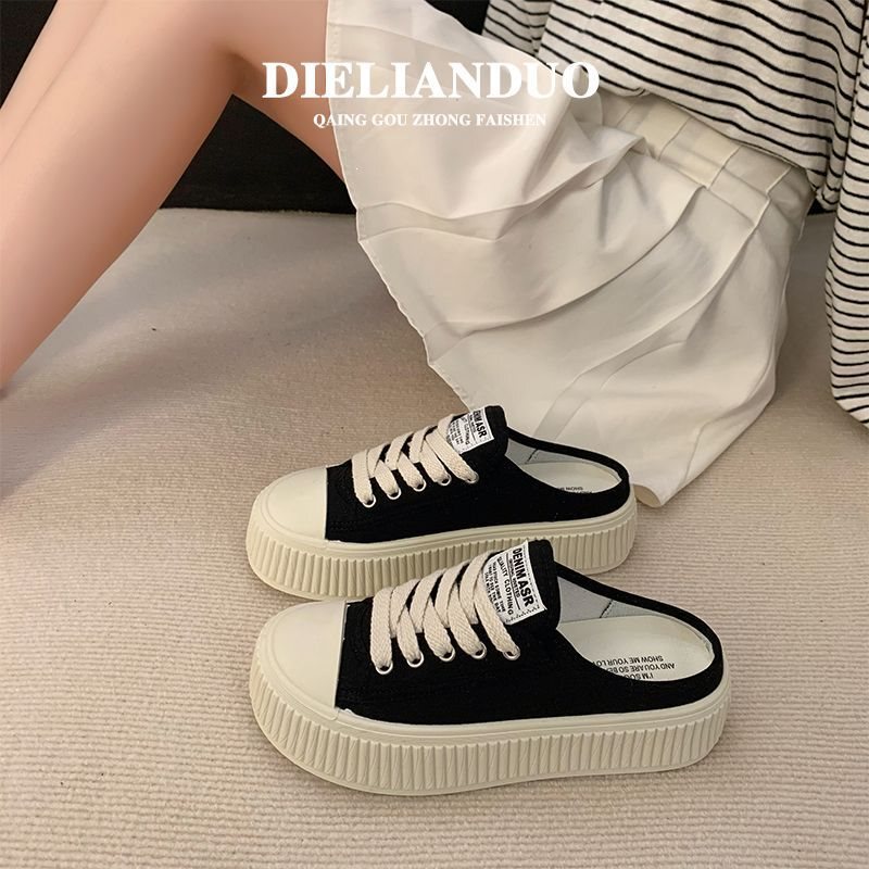 Super Popular Closed-Toe Slip-On Women's Outdoor Shoes 2025 New Style Lazy Slip-On Thick-Soled Height-Increasing Sports Casual Canvas Shoes