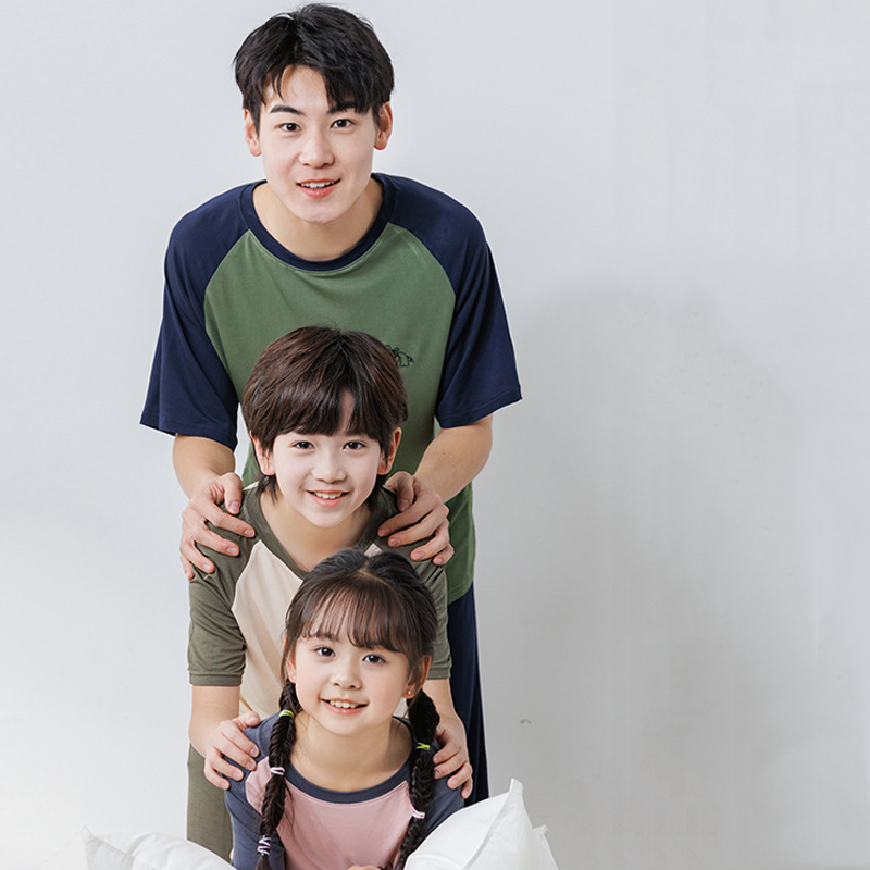 2025 Summer Parent-Child Color-matching Raglan Sleeve Modal Air Conditioning Home Clothes Middle and Large Children's Short-sleeved Pants Pajamas suit