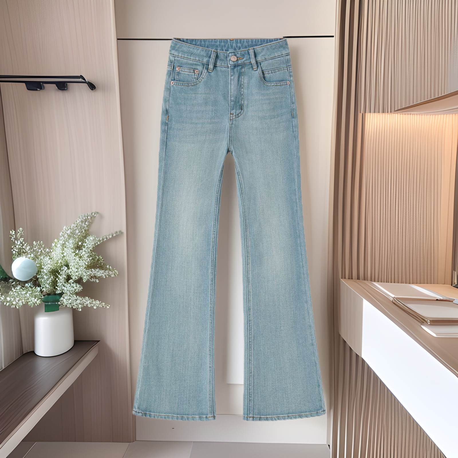 Nanyou agate green four-sided bullet micro-blared jeans spring and summer 2025 new straight high waist slim flared pants for women