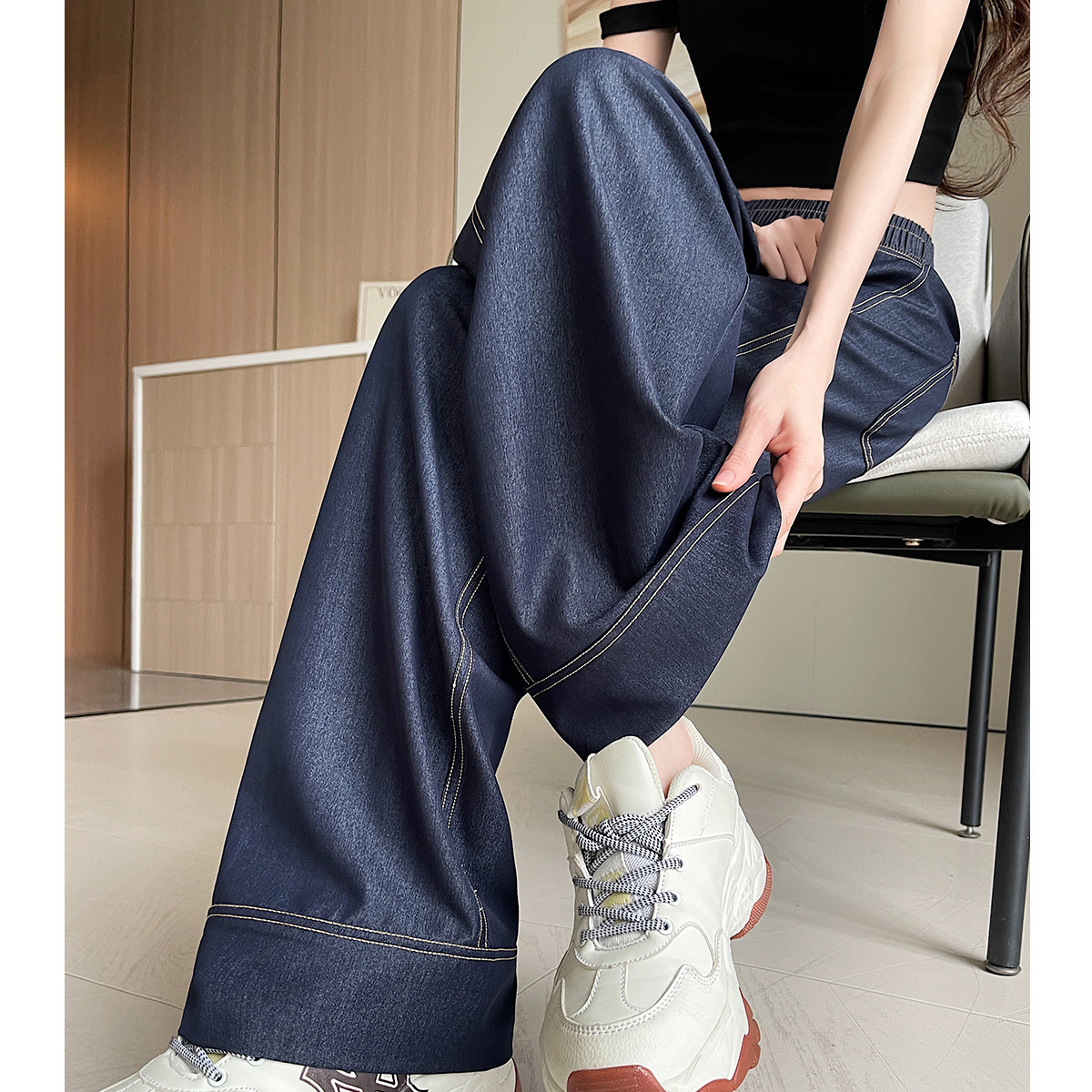 Elastic Waist Narrow Version Tencel Jeans for Small Women Retro High Waist Draped Wide Leg Pants Loose Casual Straight Pants