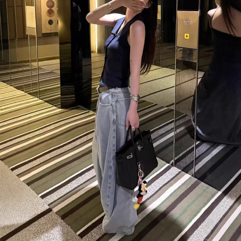 2025 American Retro Washed Distressed Scimitar Jeans Women's Silhouette Relaxed High-Waisted Loose Slimming Wide-Leg Pants Trendy