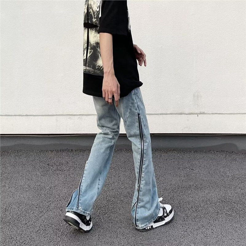 American-Style Trendy Brand Washed Denim Jeans with Side Spiral Zippers, Men's Slim-Fit Straight-Leg Casual Pants American-Style Trendy Brand Washed Denim Jeans with Side Spiral Zippers, Men's Slim-Fit Straight-Leg Casual Pants