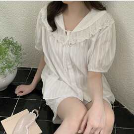 韩国ins棉提花翻领花边家居服睡衣套装可外穿