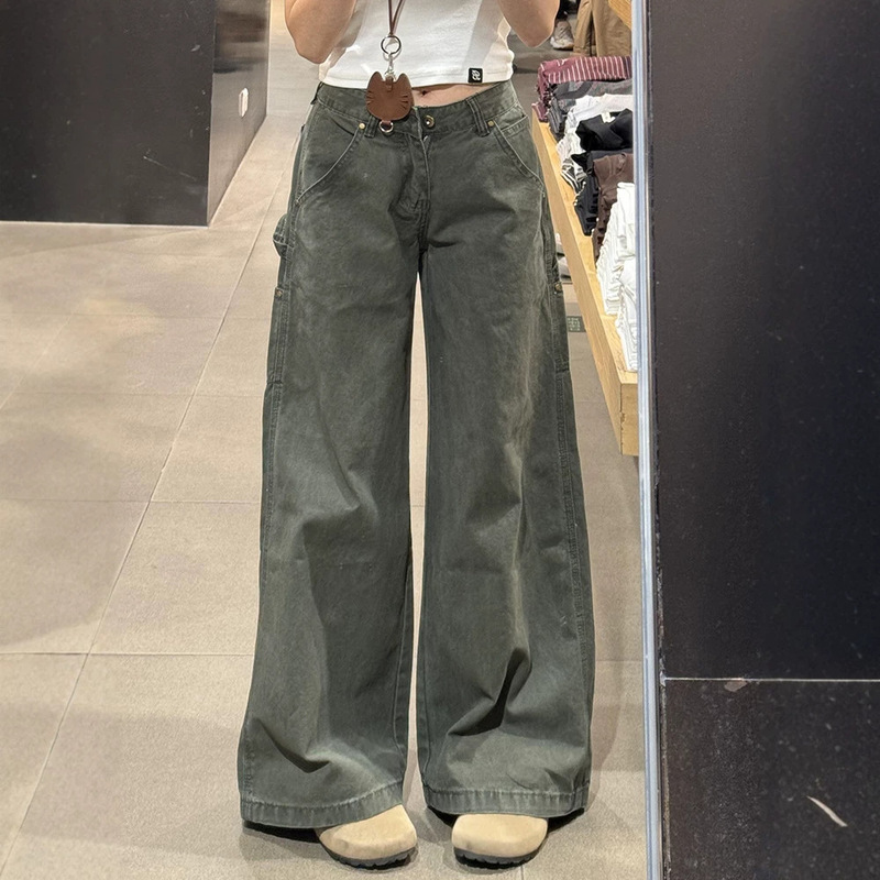 American-Style Army Green Flared Work Jeans for Women 2026 New Retro Multi-Pocket Loose Low-Waist Casual Pants