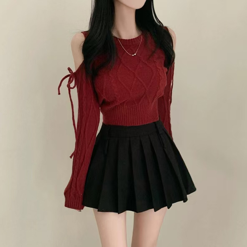 Korean Chic Autumn Round Neck Knitwear for Women, Discreet Off-Shoulder Lace-Up Long-Sleeved Alal Flower Knitwear for Women, Bottoming Shirt