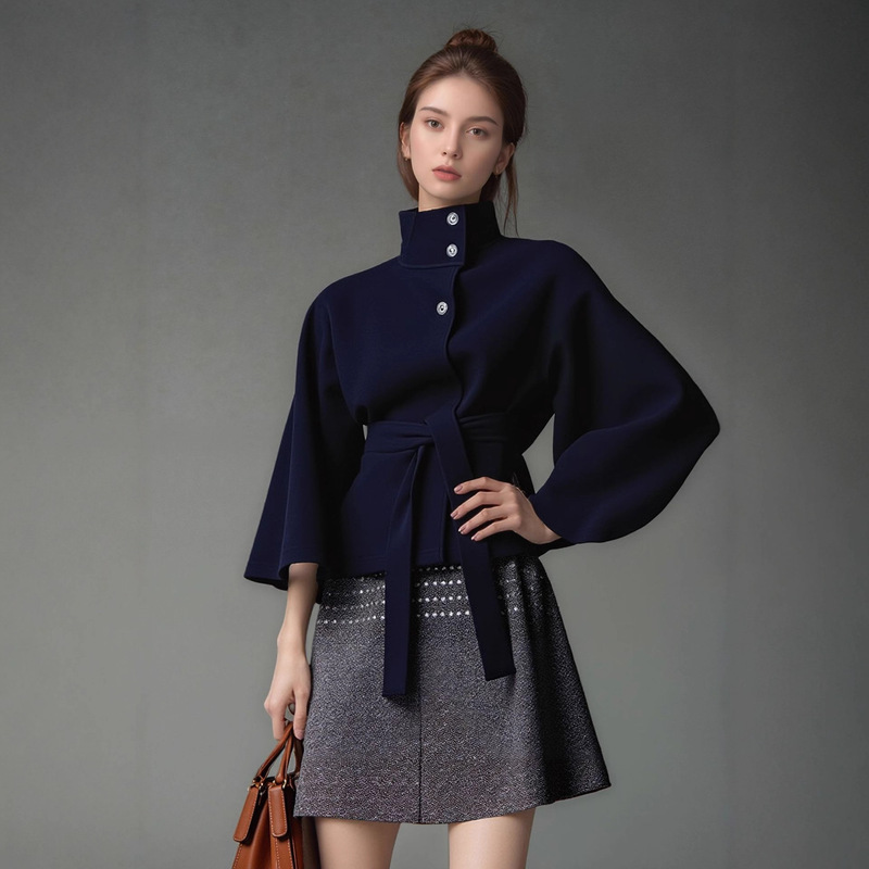 European and American Women's Autumn and Winter New Amazon Fashion Solid Color Cape Stand Collar Button Woolen Belt Trench Coat Jacket