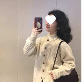 2025秋冬新款慵懒风奶杏色麻花针织开衫女韩系宽松百搭毛衣外套女