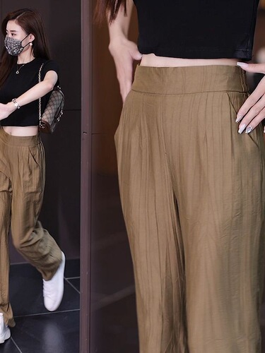 Cotton and Silk Plaid High-Quality Narrow Wide Leg Pants Summer Slim Straight Leg Pants High-Waisted Drape 9/10 Women's Casual Pants