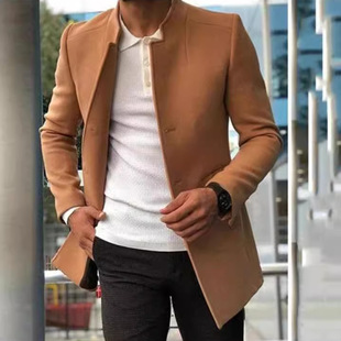 Foreign Trade Men's in stock European and American Casual Men's Coat Autumn and Winter New Fashionable Men's Solid Color Slim Fit Woolen Coat