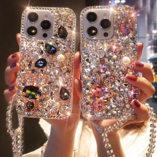 For Apple 16promax Mobile Phone Case Female iPhone15 Rhinestone 14 Pearl Flower 13 Crystal Rabbit Lanyard