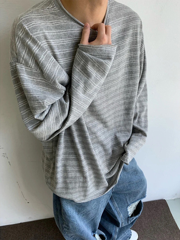 Light Grey Rolled Hem Stripe Long Sleeve T Shirt Men Cleanfit Relaxed Casual Layering Top