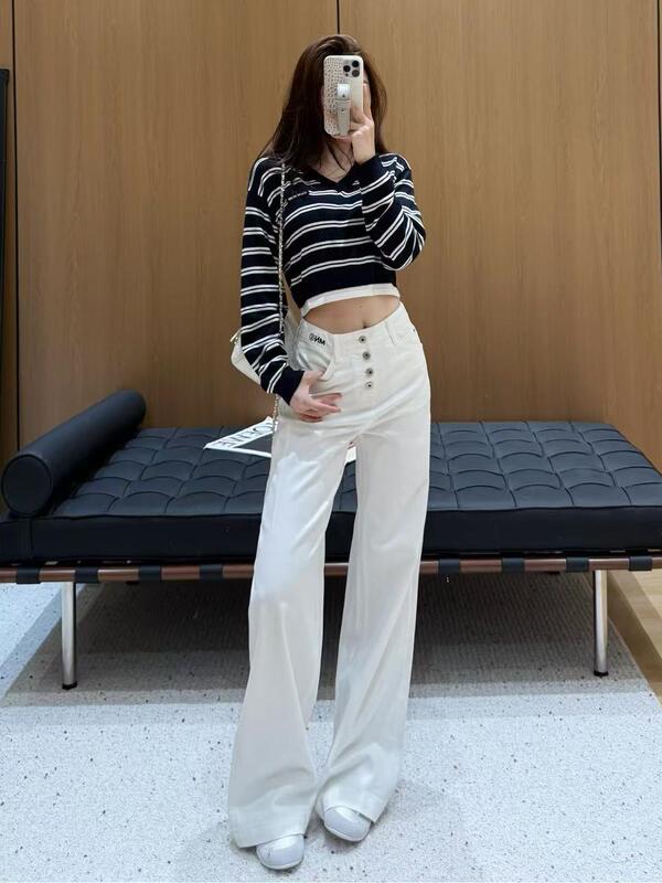 白色纽扣设计感牛仔裤刺绣logo高腰显瘦阔腿裤南油女秋垂感直筒裤|undefined