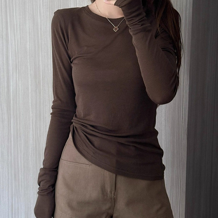 羊毛上衣美长袖感打底衫恤女修身高级收腰咖色春秋内搭拉德天丝
