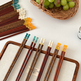 [Yuan Hibiscus Bamboo] Household Solid Wood Chopsticks Wholesale 25cm Resin Imitation Jade Head Gift Chicken Wing Wooden Chopsticks TEMU