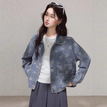 实拍 提花刺绣蓝色牛仔外套女2025秋季设计感复古港风短夹克上衣