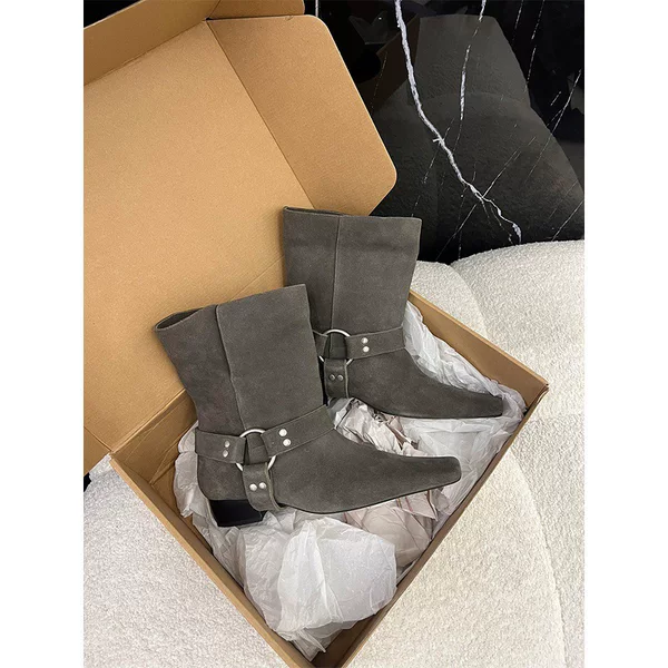 Western Cowboy Boots for Women, Trendy and Fashionable, Gray Suede with Metal Buckle, Slip-On, Comfortable, Chunky Heel, Short Boots