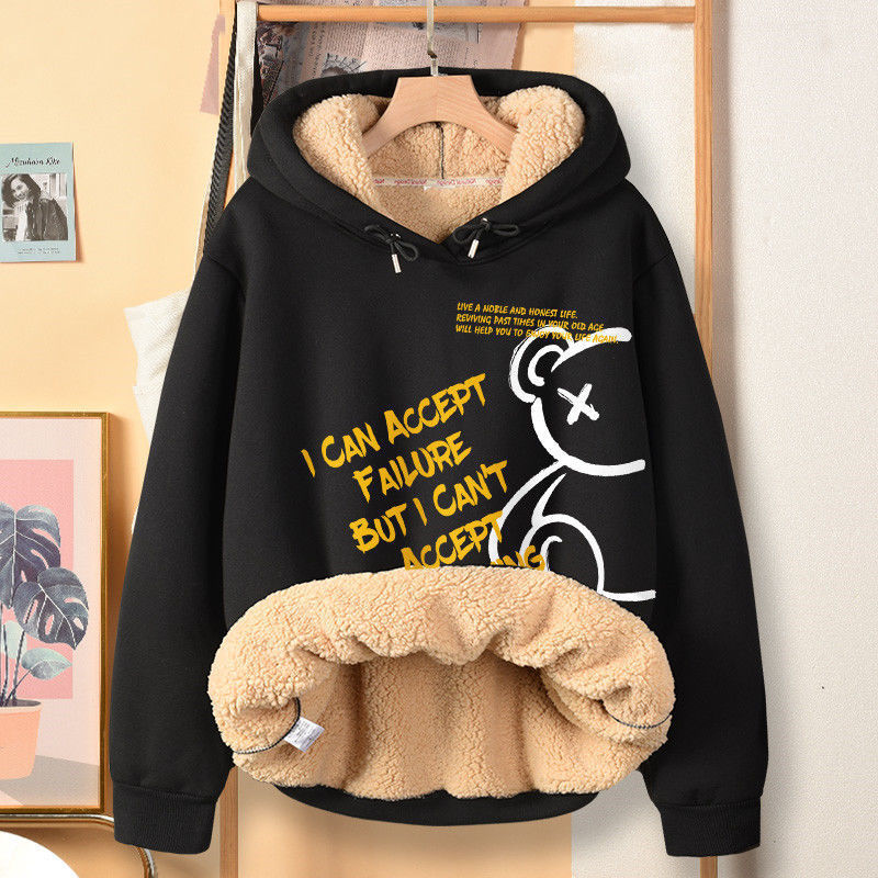Damenbekleidung Plüsch-Sweatshirt für Herren im Herbst und Winter, dick, locker, große Lammfelljacke mit Kapuze, Oberteile für Herren_voghion.com