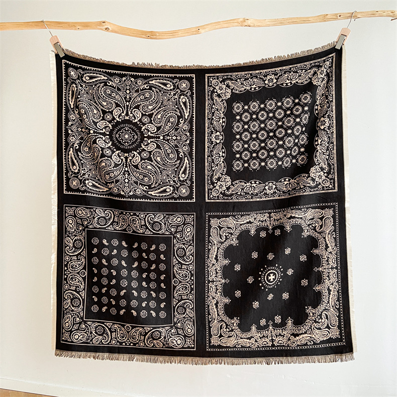 Predimenzionirani kašmirski kvadratni šal u etničkom stilu, ženski debeli šal s resicama, topli šal s cvijetom indijskih oraščića_voghion.com