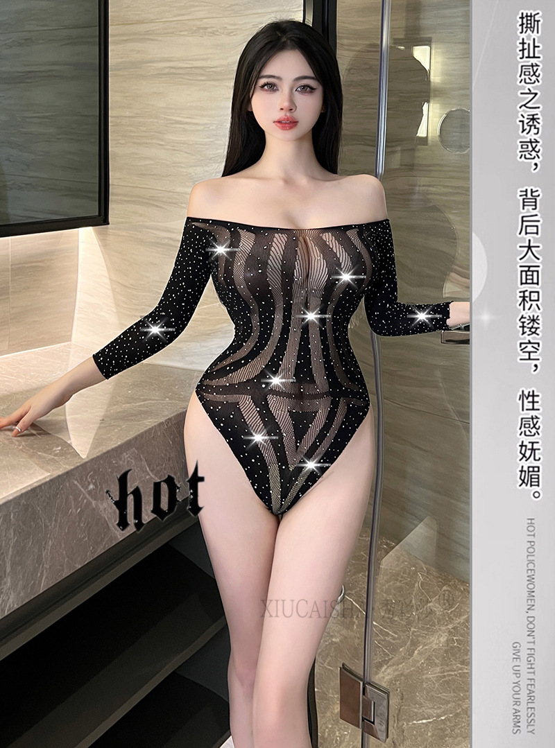 Hollow-Out Fishnet Bodystocking with Rhinestone Detail, Black Plus Size One-Piece Lingerie — detail image 10