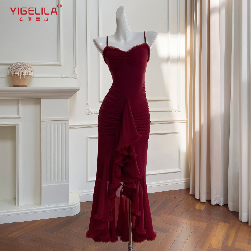 Socialite Dress with Stretchy Mesh, Irregular Fishtail Skirt, Spaghetti Strap Long Gown, Dress 68922