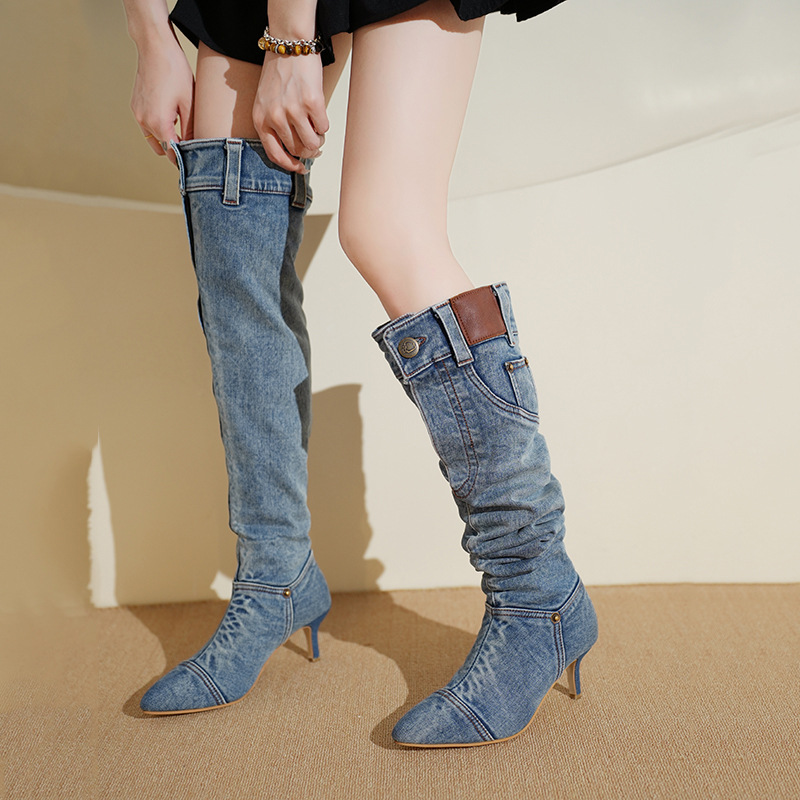 Women's Shoes wasteland style boots for women retro hot girl cowboy boots stiletto pointed toe pile boots wide tube long boots_voghion.com