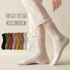 襪子女春純棉中筒襪 春秋全棉純色運動女士無骨棉襪 諸暨女襪批發
